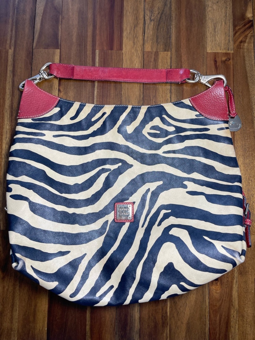 ooney & Bourke Zebra Print Shoulder Bag Red Trim Black Cream Leather Hobo Purse